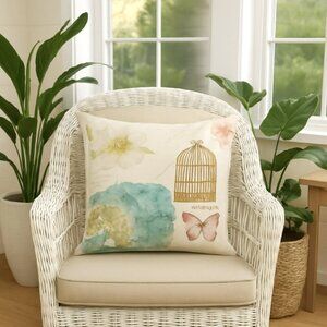NEW Pink Butterfly Blue Hydrangea Dogwood Bird Cage Pastel Pillow Cover Linen